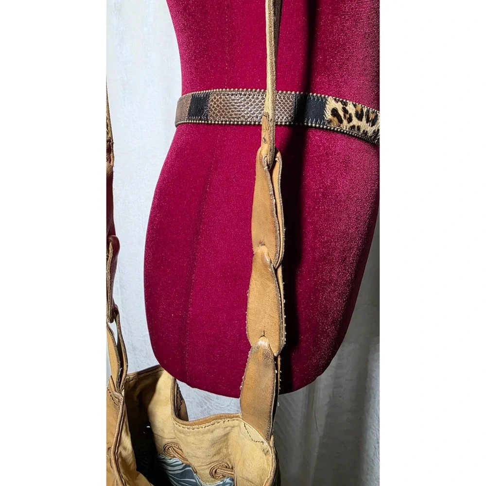 Lucky Brand Y2K Brown Lamb Leather Bucket Bag Boho Drawstring Crossbody Purse